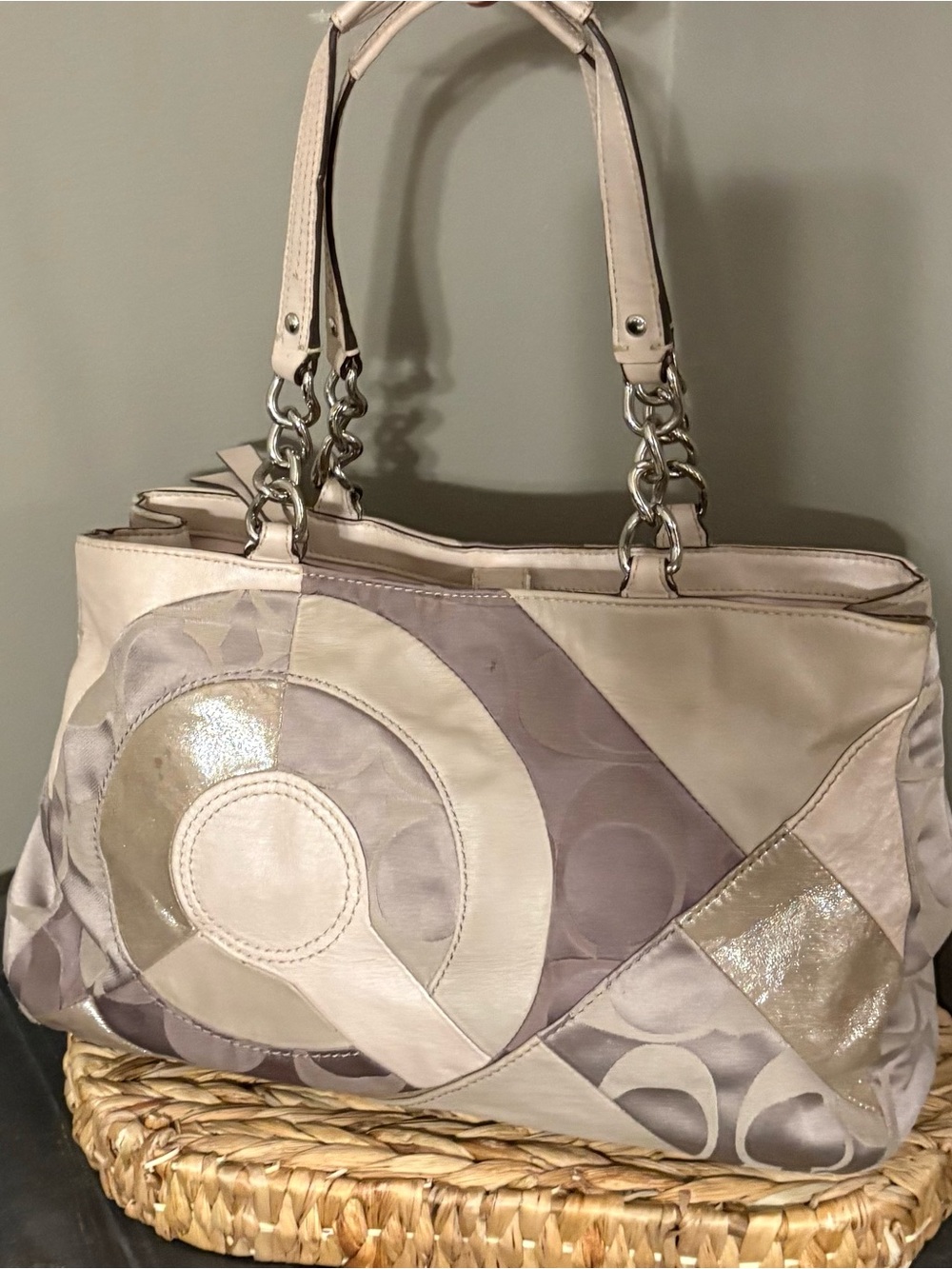 Coach Patchwork Shoulder Bag in Neutral Cream, Pale Pink, and Taupe